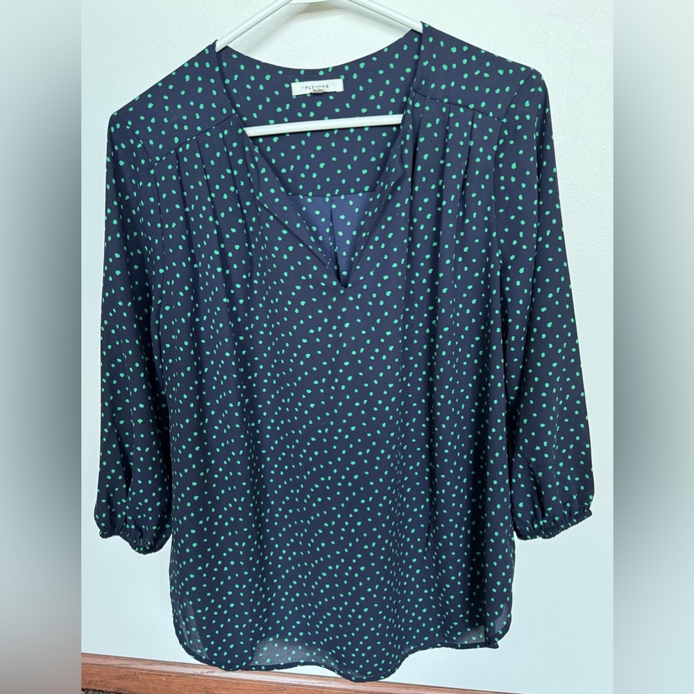Pleione Navy and Green Polka Dot Blouse